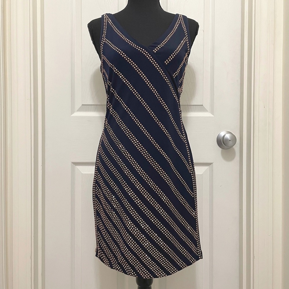 Carmen Marc Valvo Mini Dress Navy Blue Rose Gold Studded Cocktail Party‎ Bling M